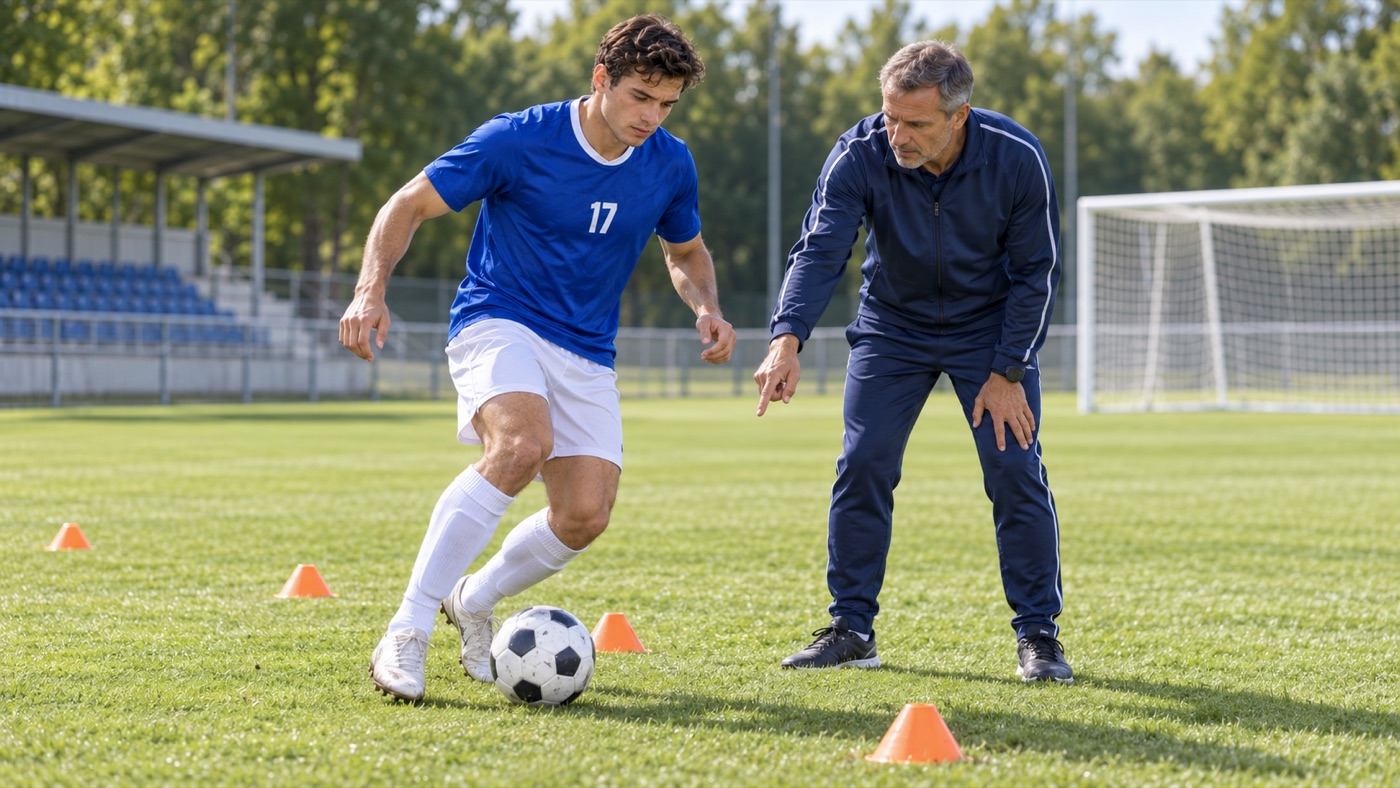 Derselbe Spieler übt am Ball, der Trainer korrigiert ihn