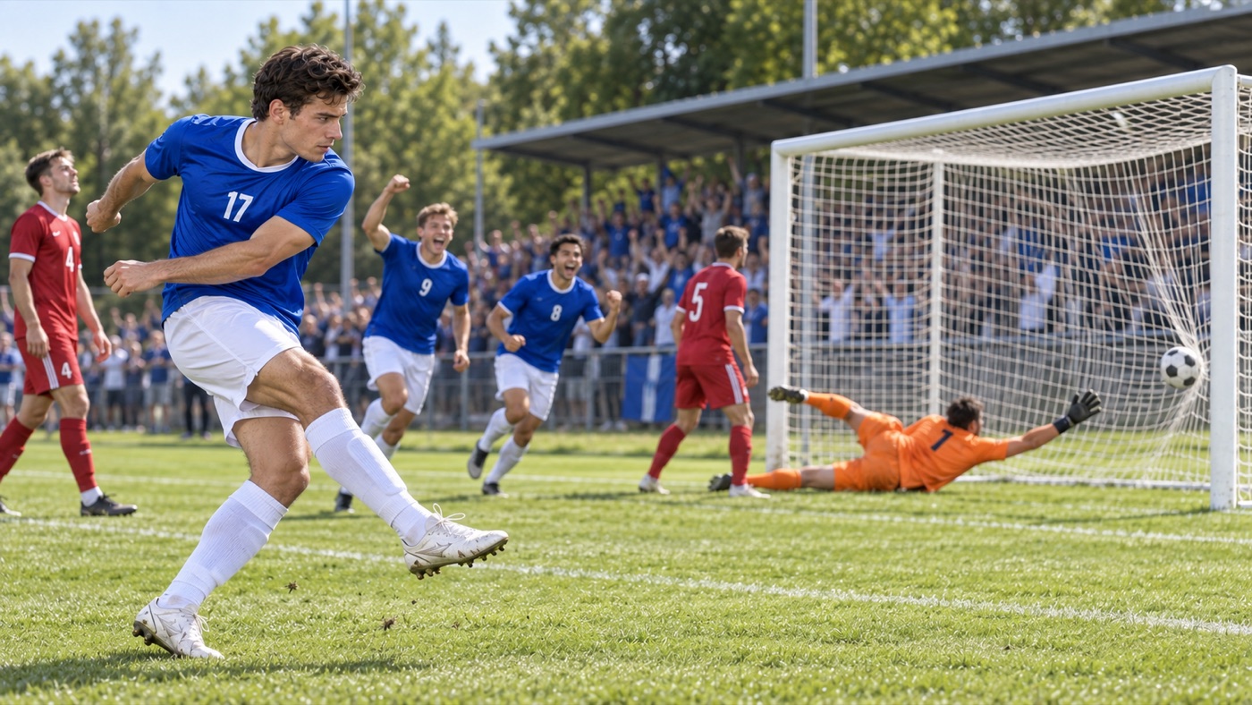 Derselbe Spieler trifft im Spiel ins Tor, die Mannschaft jubelt