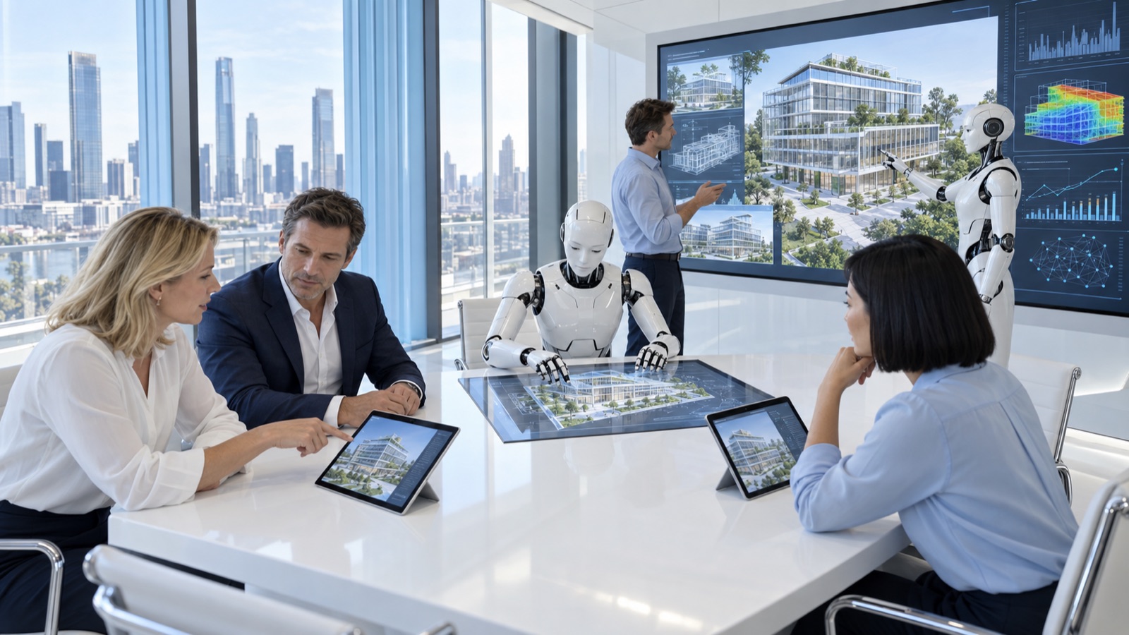 Menschen und ein humanoider Roboter arbeiten gemeinsam an einem Entwurf